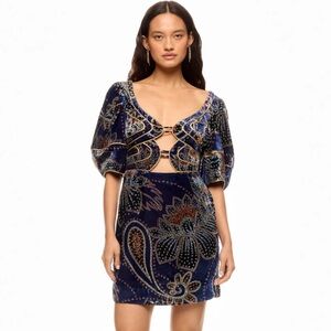 FARM Rio Navy and Gold Embroidered Dress